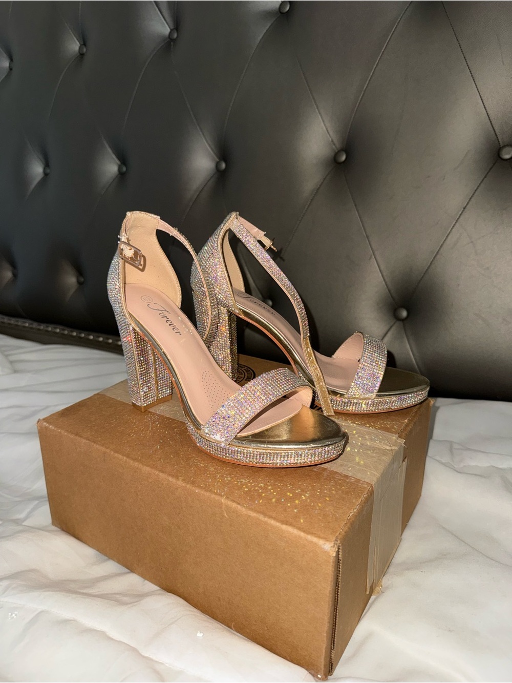 Forever Rose Gold Glitter Block Heel Sandals